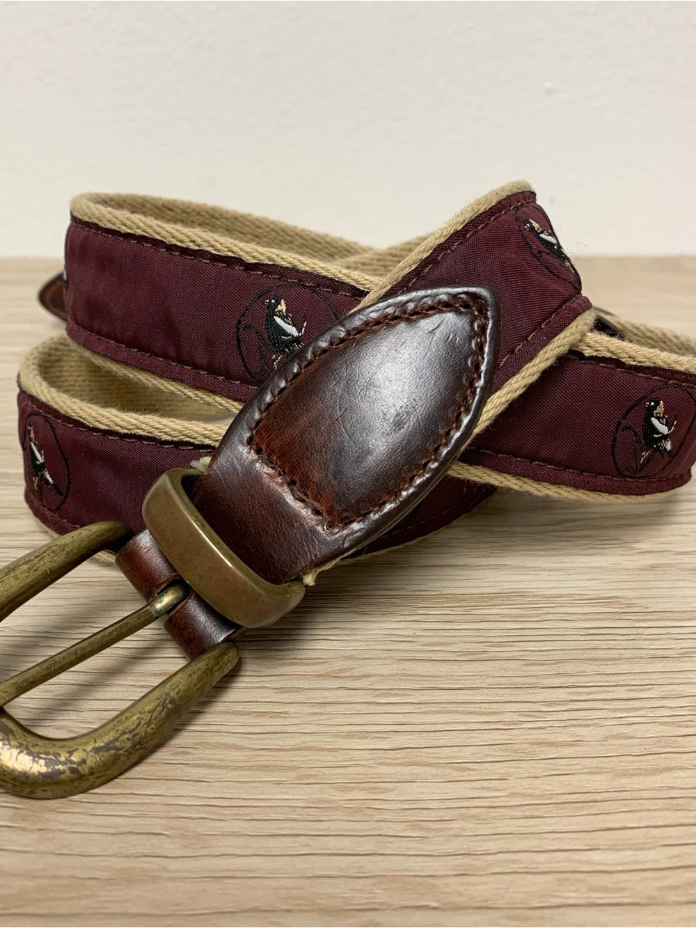YRI Embroidered Canvas Ribbon Belt Maroon Birds Size 38/95 Mens Golf Preppy